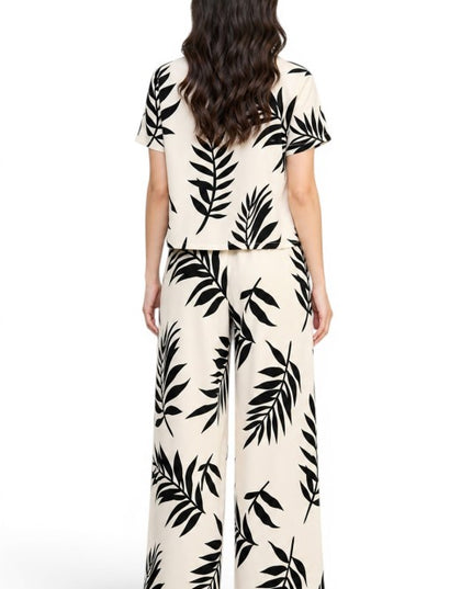 LELIS-201SET Leaf Print Pant Set – Button Down Top Style