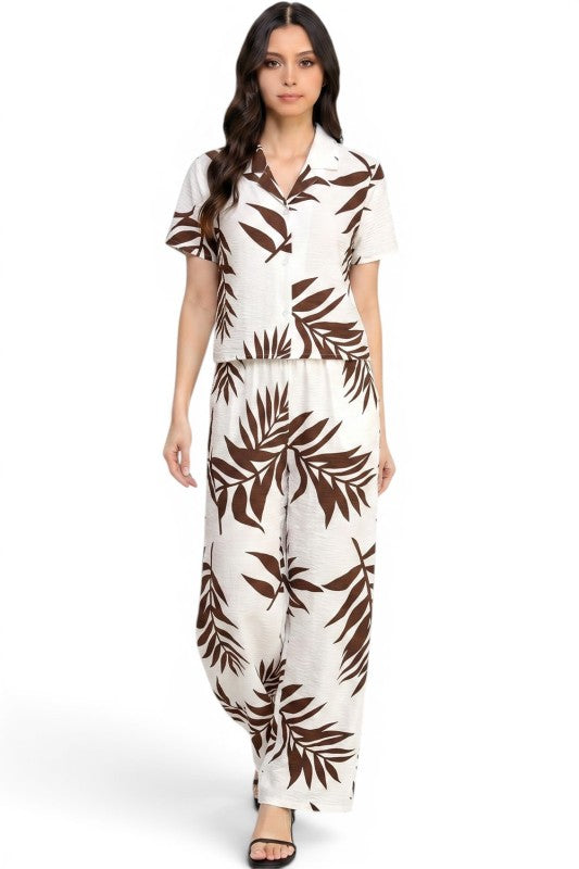 LELIS-201SET Leaf Print Pant Set – Button Down Top Style