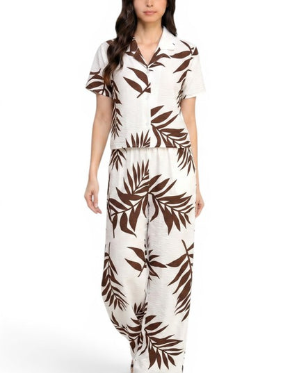 LELIS-201SET Leaf Print Pant Set – Button Down Top Style