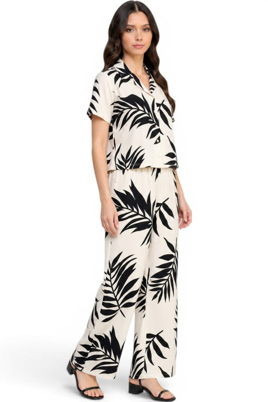 LELIS-201SET Leaf Print Pant Set – Button Down Top Style