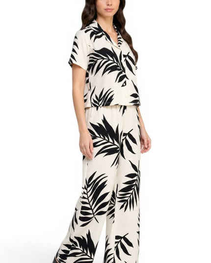 LELIS-201SET Leaf Print Pant Set – Button Down Top Style