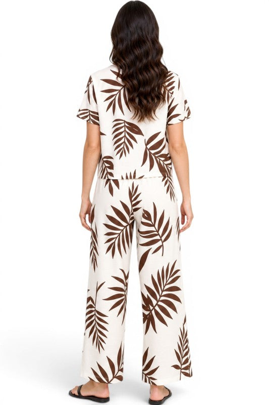 LELIS-201SET Leaf Print Pant Set – Button Down Top Style