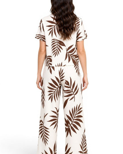 LELIS-201SET Leaf Print Pant Set – Button Down Top Style