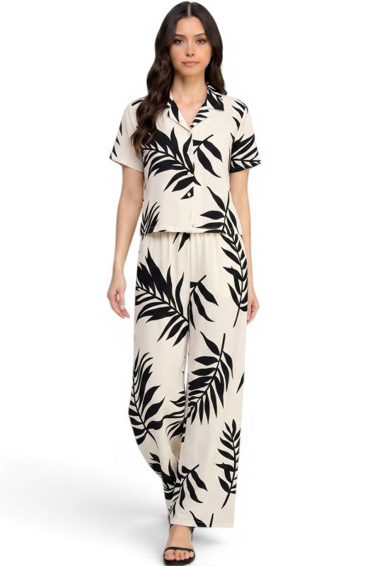 LELIS-201SET Leaf Print Pant Set – Button Down Top Style