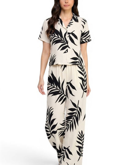 LELIS-201SET Leaf Print Pant Set – Button Down Top Style