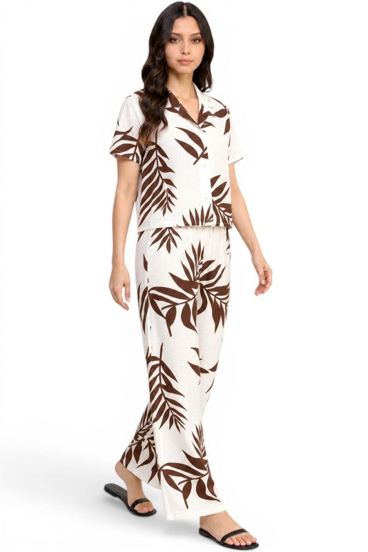 LELIS-201SET Leaf Print Pant Set – Button Down Top Style