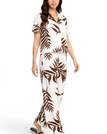 LELIS-201SET Leaf Print Pant Set – Button Down Top Style