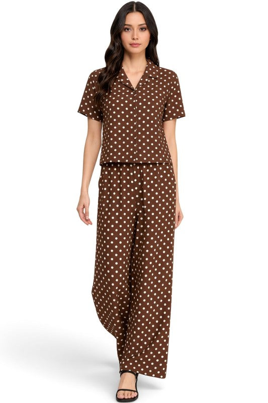LELIS-901SET Polka Dot Print – Button-Down & Wide Leg Set