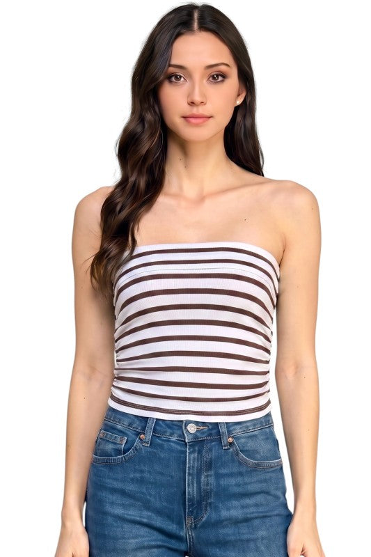 317ST Striped Side Ruched Tube Top – Slim Fit Summer Top