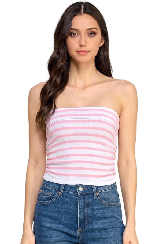317ST Striped Side Ruched Tube Top – Slim Fit Summer Top