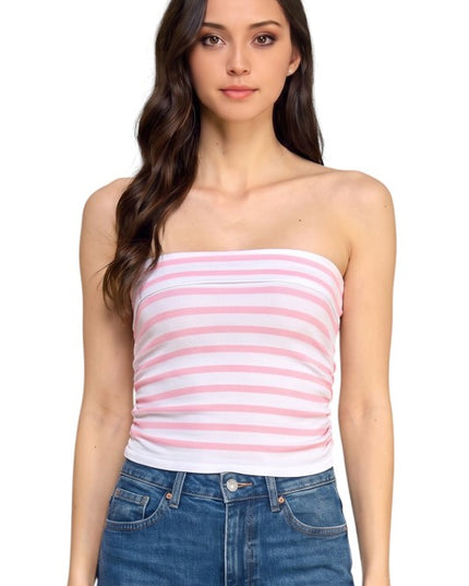 317ST Striped Side Ruched Tube Top – Slim Fit Summer Top