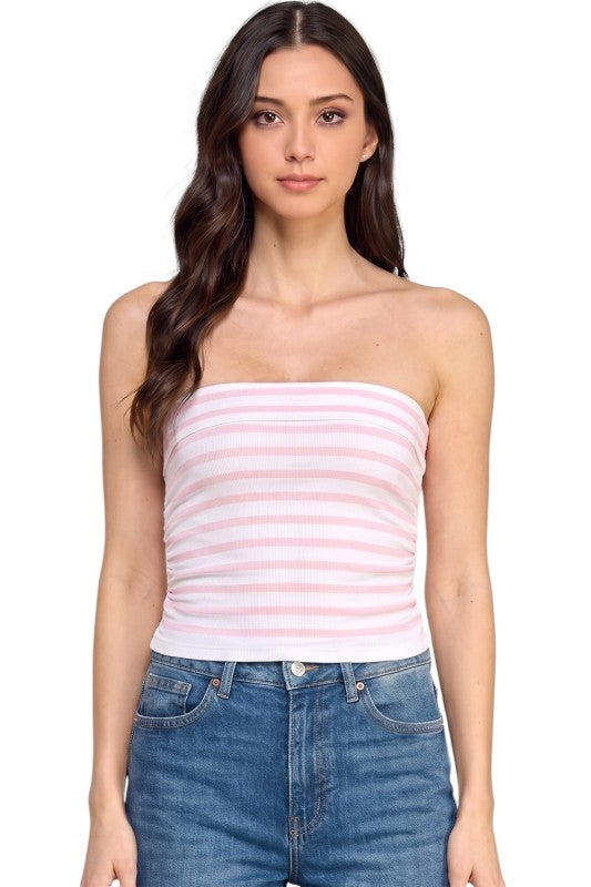 317ST Striped Side Ruched Tube Top – Slim Fit Summer Top