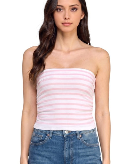 317ST Striped Side Ruched Tube Top – Slim Fit Summer Top