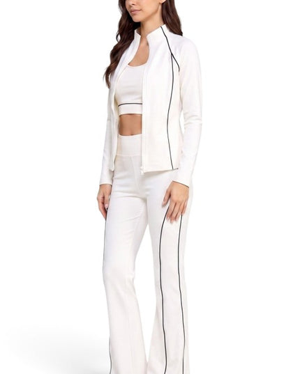 LU801SET Piping Zip-Up Jacket & High Rise Flare Pants Set