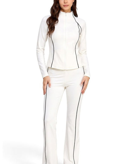 LU801SET Piping Zip-Up Jacket & High Rise Flare Pants Set