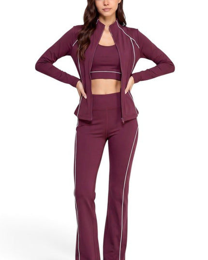LU801SET Piping Zip-Up Jacket & High Rise Flare Pants Set
