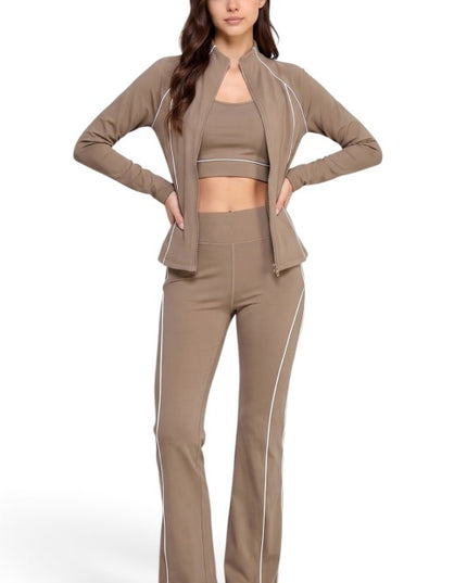 LU801SET Piping Zip-Up Jacket & High Rise Flare Pants Set