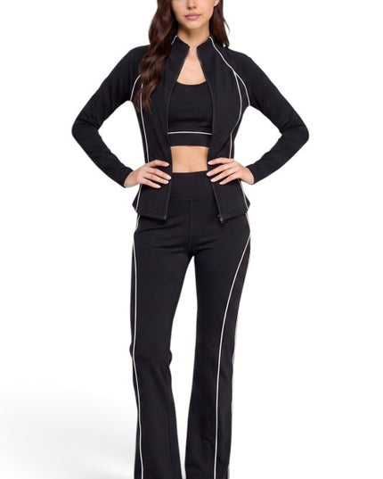 LU801SET Piping Zip-Up Jacket & High Rise Flare Pants Set