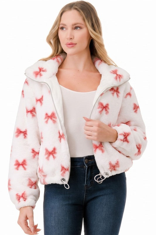 JACKET01 RIBBON Pink Ribbon Print Faux Fur – Plush Jacket