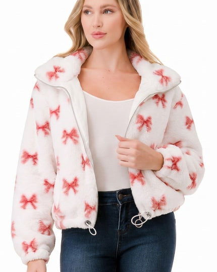 JACKET01 RIBBON Pink Ribbon Print Faux Fur – Plush Jacket
