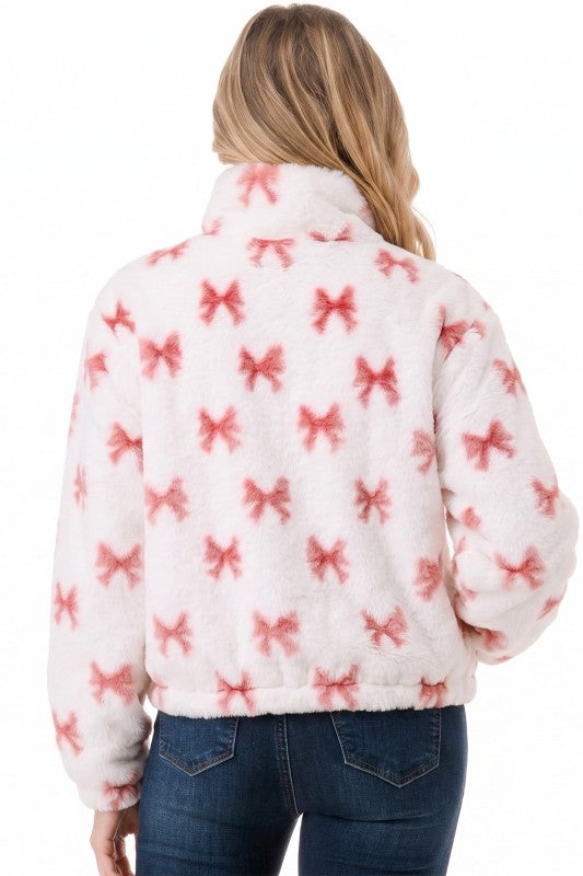 JACKET01 RIBBON Pink Ribbon Print Faux Fur – Plush Jacket