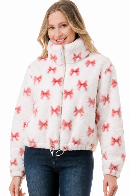 JACKET01 RIBBON Pink Ribbon Print Faux Fur – Plush Jacket