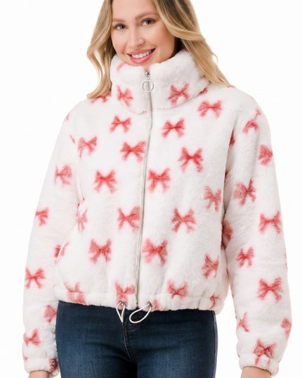 JACKET01 RIBBON Pink Ribbon Print Faux Fur – Plush Jacket