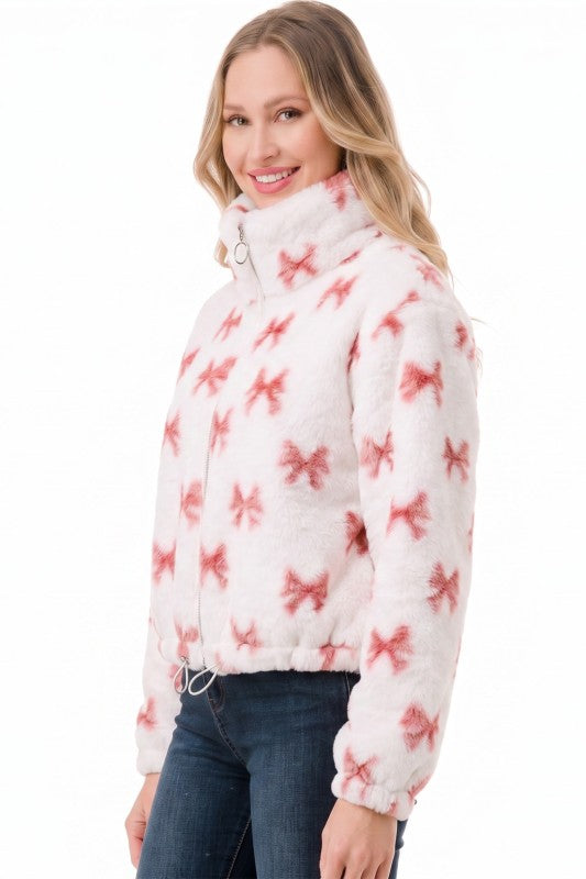 JACKET01 RIBBON Pink Ribbon Print Faux Fur – Plush Jacket