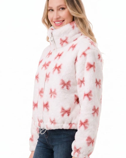 JACKET01 RIBBON Pink Ribbon Print Faux Fur – Plush Jacket