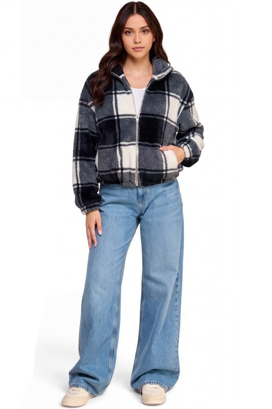 JACKET02F CHECKER Plaid Print Faux Fur – Hooded Jacket