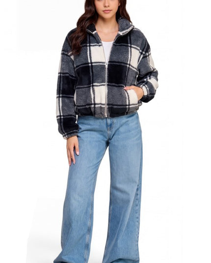 JACKET02F CHECKER Plaid Print Faux Fur – Hooded Jacket