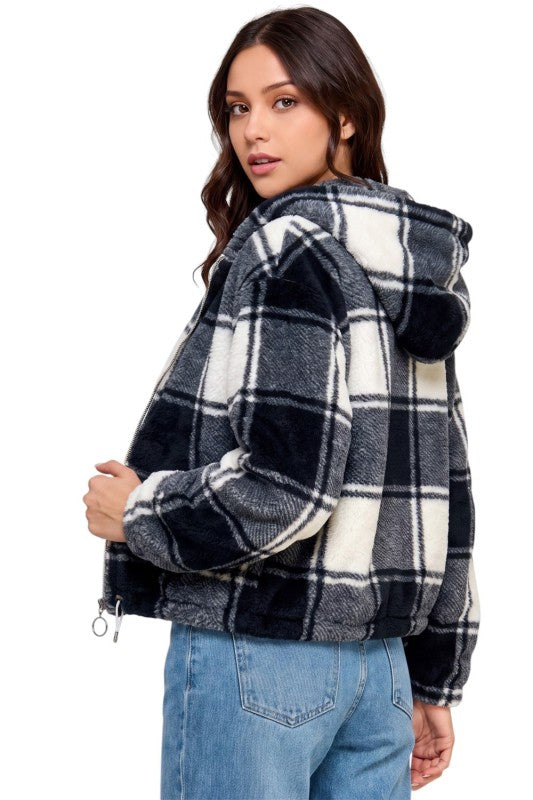 JACKET02F CHECKER Plaid Print Faux Fur – Hooded Jacket