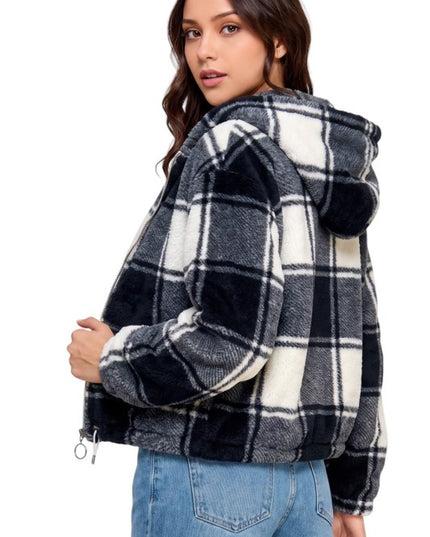 JACKET02F CHECKER Plaid Print Faux Fur – Hooded Jacket