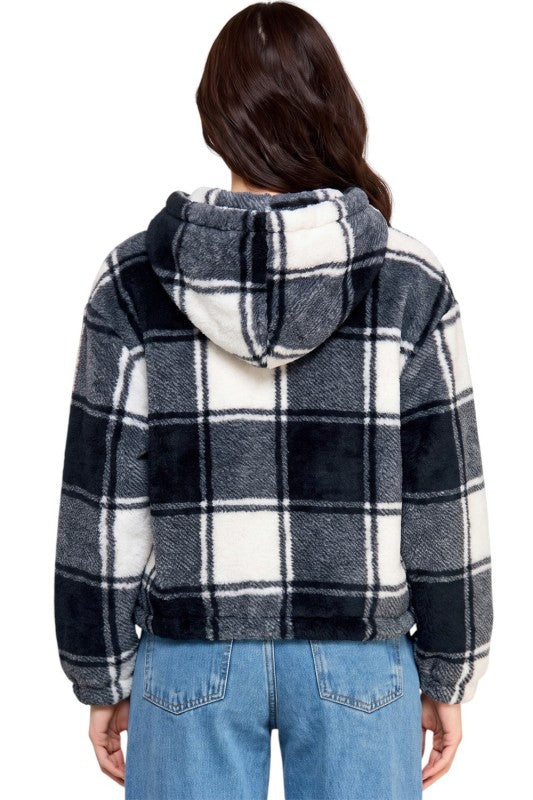 JACKET02F CHECKER Plaid Print Faux Fur – Hooded Jacket