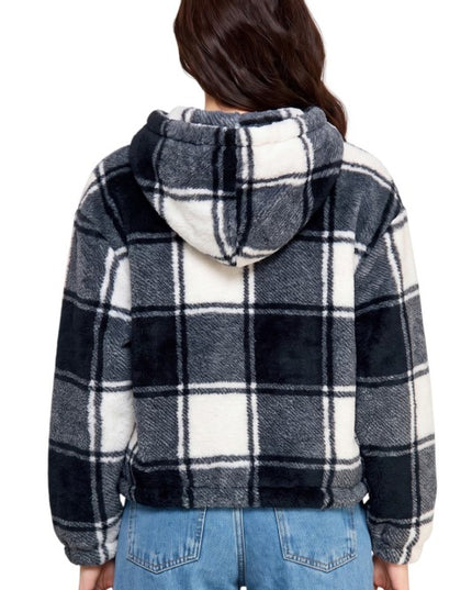 JACKET02F CHECKER Plaid Print Faux Fur – Hooded Jacket