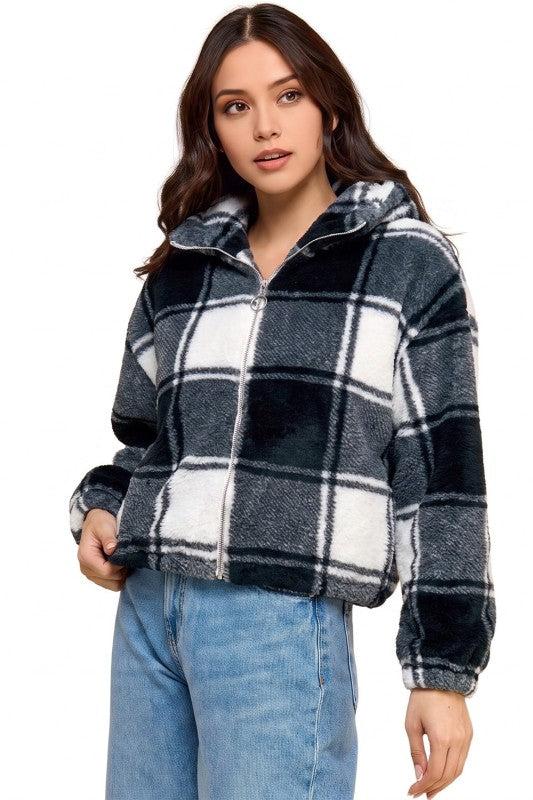 JACKET02F CHECKER Plaid Print Faux Fur – Hooded Jacket