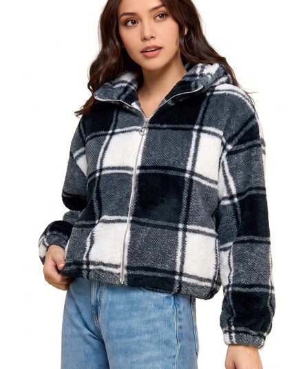 JACKET02F CHECKER Plaid Print Faux Fur – Hooded Jacket