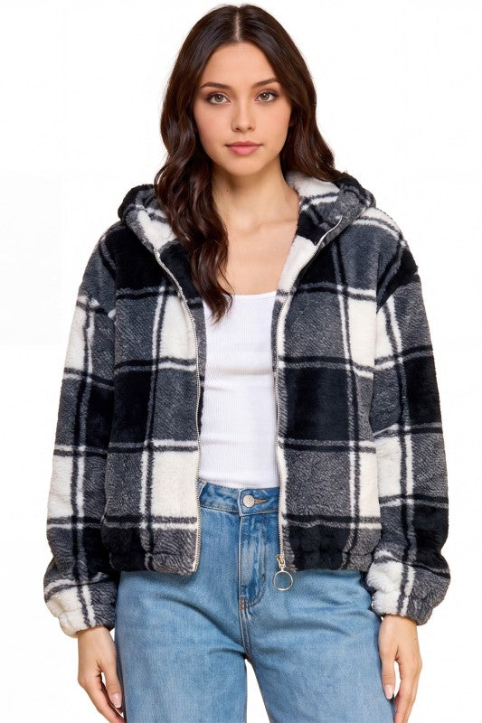 JACKET02F CHECKER Plaid Print Faux Fur – Hooded Jacket