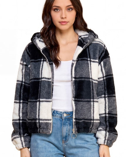JACKET02F CHECKER Plaid Print Faux Fur – Hooded Jacket