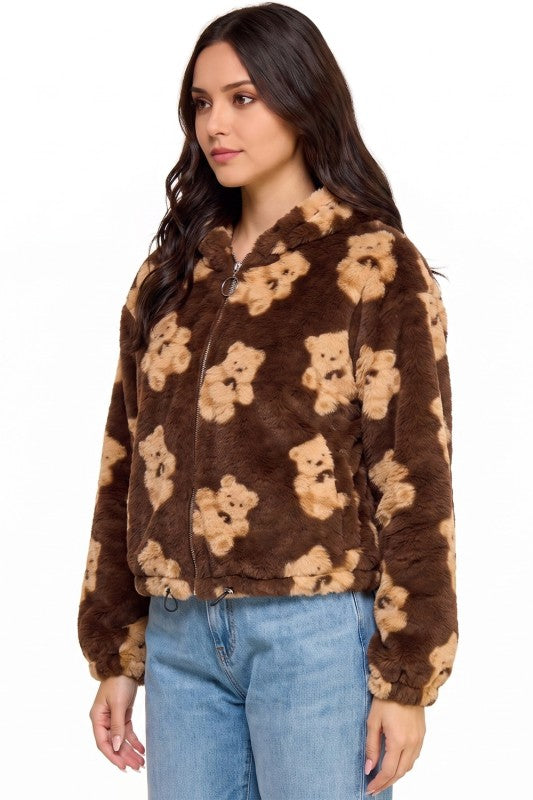 JACKET02F BEAR Teddy Bear Print Faux Fur – Hooded Jacket