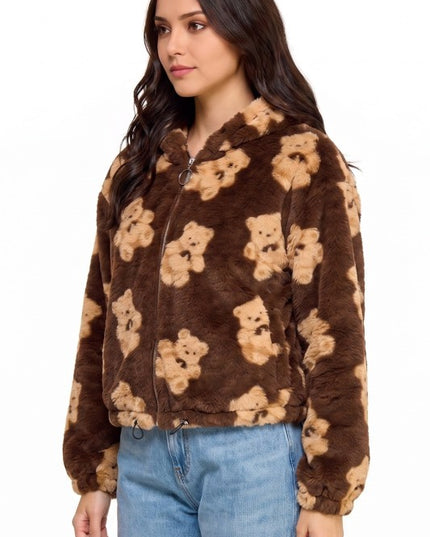 JACKET02F BEAR Teddy Bear Print Faux Fur – Hooded Jacket