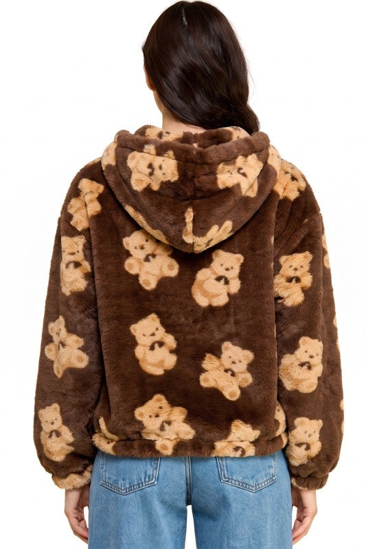 JACKET02F BEAR Teddy Bear Print Faux Fur – Hooded Jacket