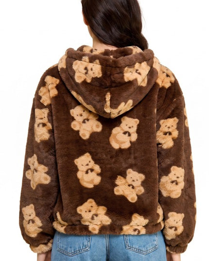 JACKET02F BEAR Teddy Bear Print Faux Fur – Hooded Jacket