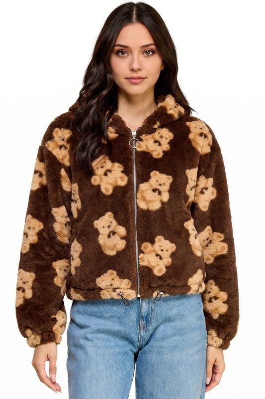 JACKET02F BEAR Teddy Bear Print Faux Fur – Hooded Jacket
