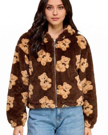 JACKET02F BEAR Teddy Bear Print Faux Fur – Hooded Jacket