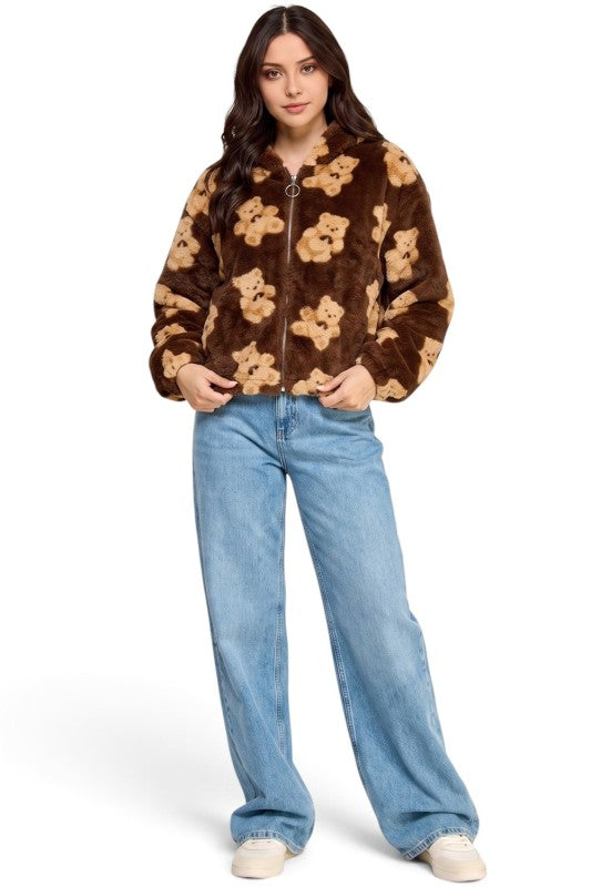JACKET02F BEAR Teddy Bear Print Faux Fur – Hooded Jacket