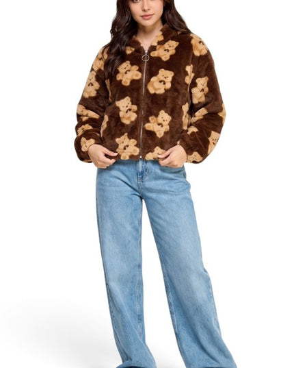 JACKET02F BEAR Teddy Bear Print Faux Fur – Hooded Jacket