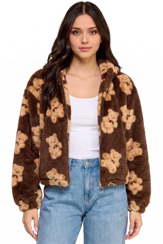 JACKET02F BEAR Teddy Bear Print Faux Fur – Hooded Jacket