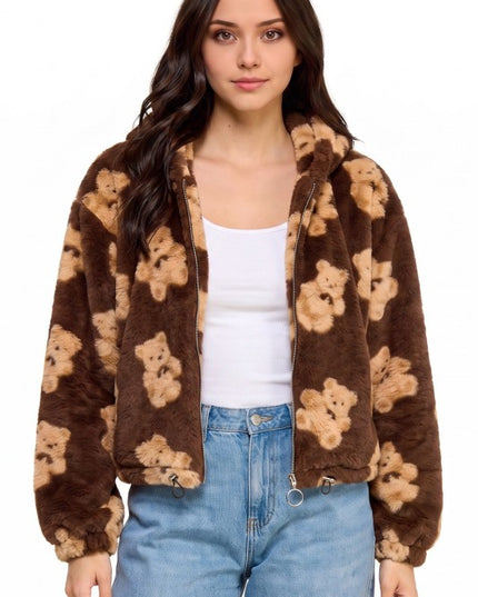 JACKET02F BEAR Teddy Bear Print Faux Fur – Hooded Jacket