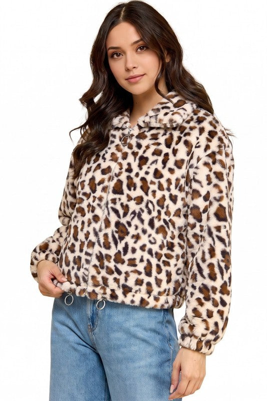 JACKET02F TIGER Leopard Print Faux Fur – Hooded Jacket